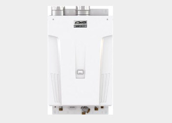 A white tankless water heater sitting on top of a wall.